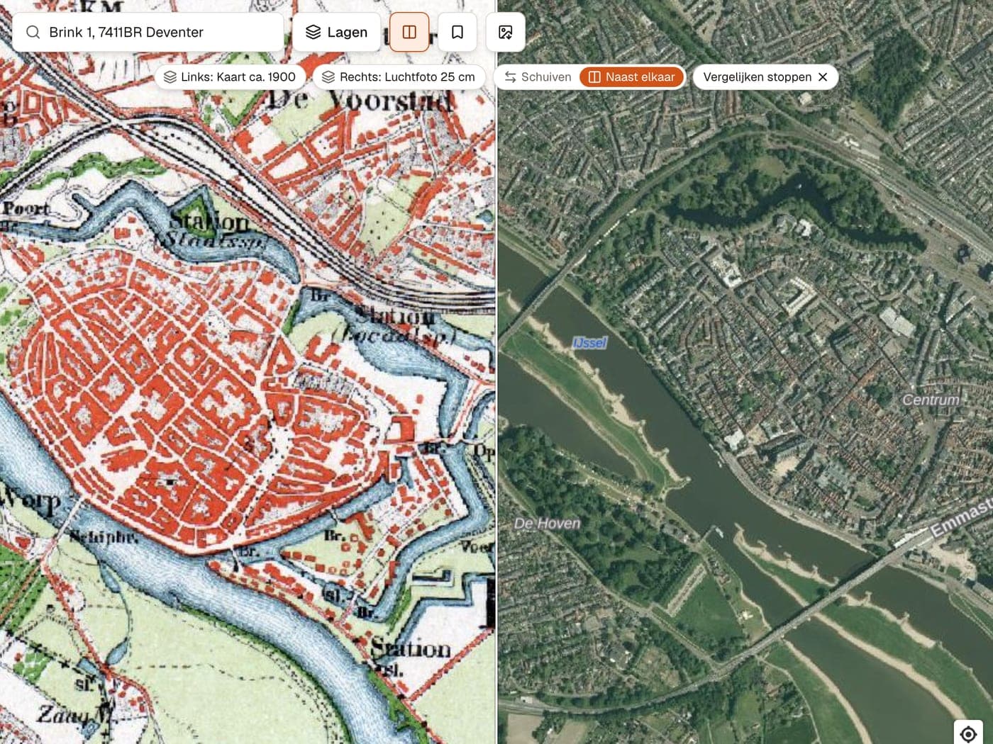Twee kaarten naast elkaar over Deventer: links de kaart van rond 1900, rechts de luchtfoto, met de knoppen Schuiven en Naast elkaar.