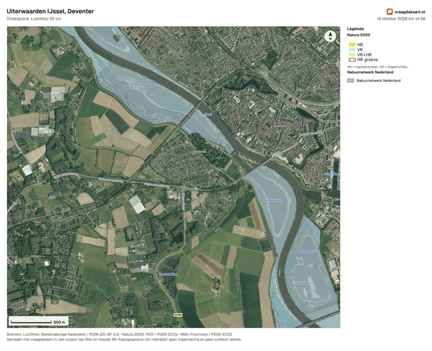 De kaart als afbeelding: de uiterwaarden van de IJssel bij Deventer, luchtfoto met Natura 2000 en het Natuurnetwerk, legenda, schaalbalk, noordpijl en bronnen.