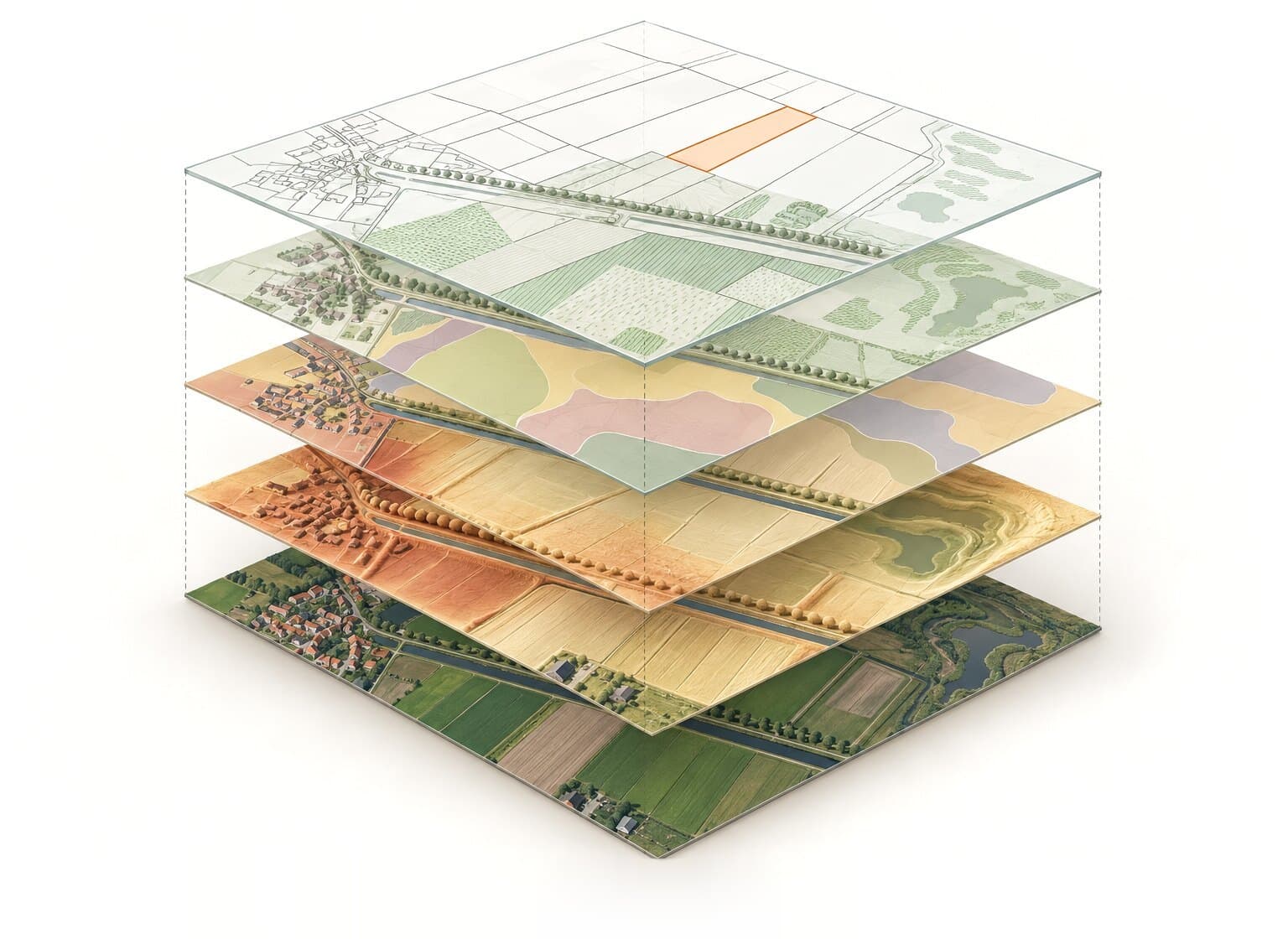 Illustratie: kaartlagen van één plangebied boven elkaar, van luchtfoto en hoogte tot bodem, natuur en kadastrale percelen, met één perceel in oranje.