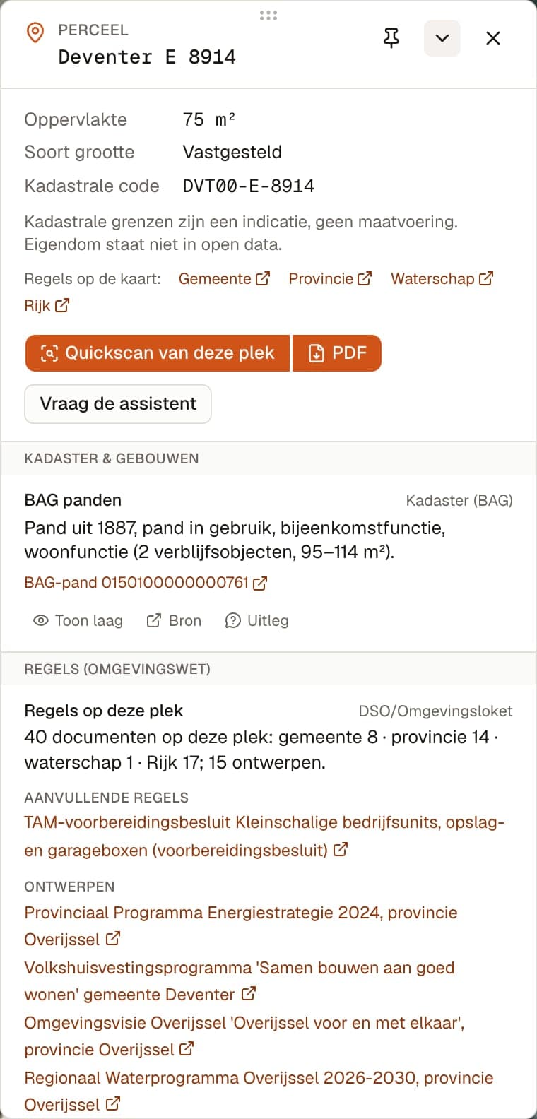 Het venster van perceel Deventer E 8914 met de knoppen Quickscan van deze plek en PDF, het pand en de regels uit het Omgevingsloket.