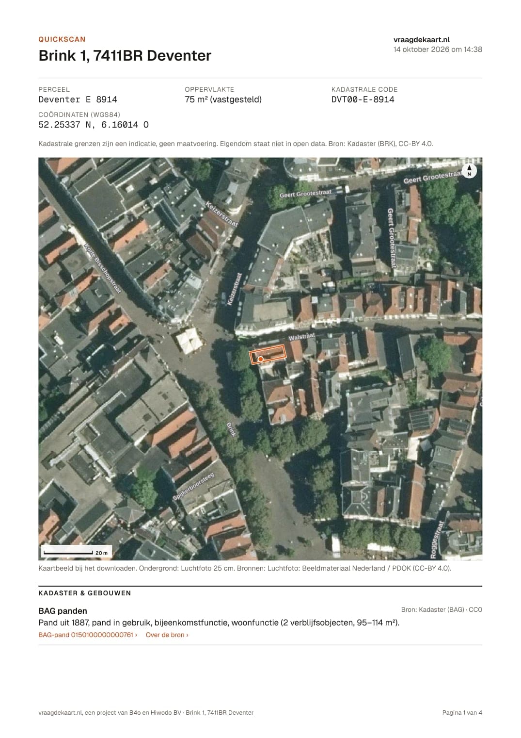 De eerste pagina van de quickscan-PDF van Brink 1 in Deventer: perceel, oppervlakte en de luchtfoto met het perceel.